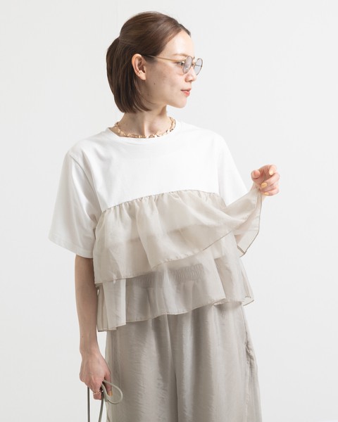 【再入荷】20/-天竺×オーガンジー ドッキング フリル 半袖 Tシャツ●即納品