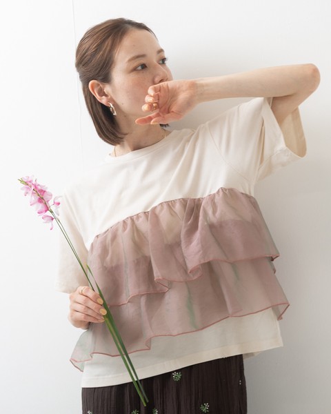 【再入荷】20/-天竺×オーガンジー ドッキング フリル 半袖 Tシャツ●即納品