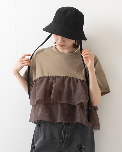【再入荷】20/-天竺×オーガンジー ドッキング フリル 半袖 Tシャツ●即納品