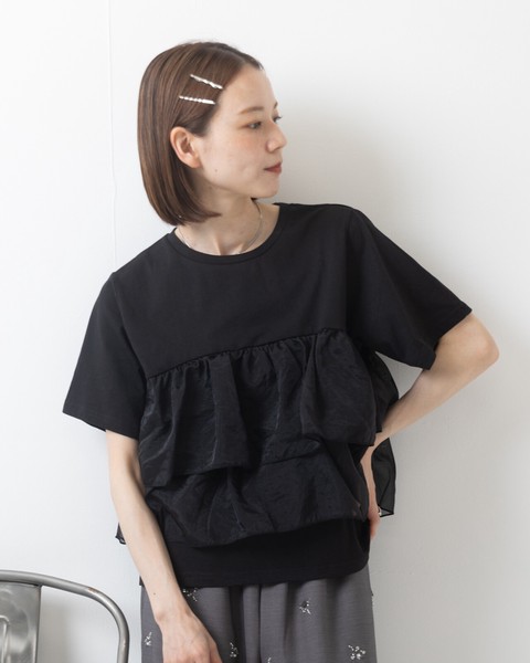 【再入荷】20/-天竺×オーガンジー ドッキング フリル 半袖 Tシャツ●即納品