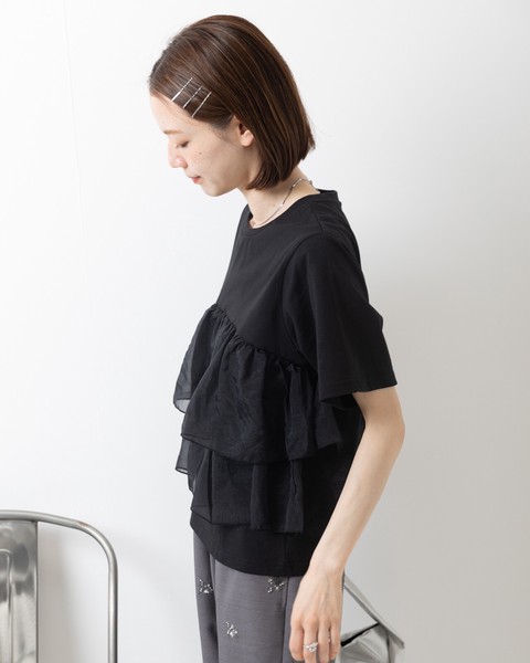 【再入荷】20/-天竺×オーガンジー ドッキング フリル 半袖 Tシャツ●即納品