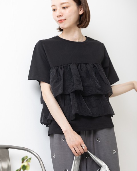 【再入荷】20/-天竺×オーガンジー ドッキング フリル 半袖 Tシャツ●即納品