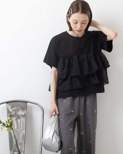 【再入荷】20/-天竺×オーガンジー ドッキング フリル 半袖 Tシャツ●即納品
