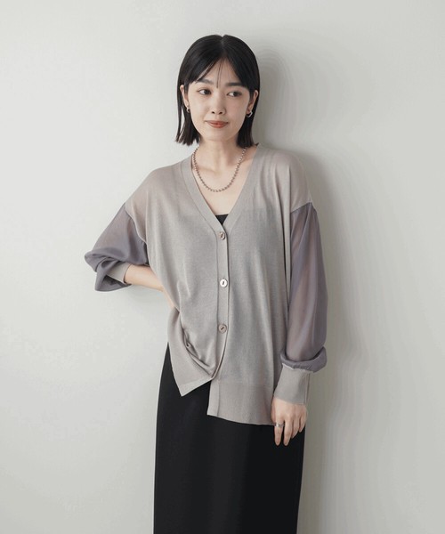 【SALE】サラサラ袖シアーニットカーディガン◇シャリ感のあるニット×ラメシアー袖のカーデ 2026新作