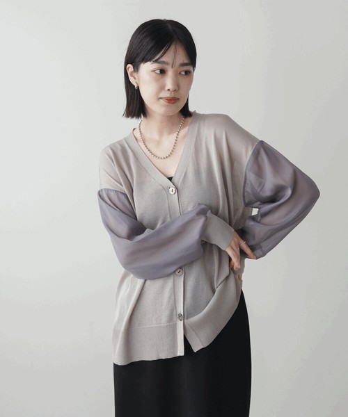 【SALE】サラサラ袖シアーニットカーディガン◇シャリ感のあるニット×ラメシアー袖のカーデ 2026新作