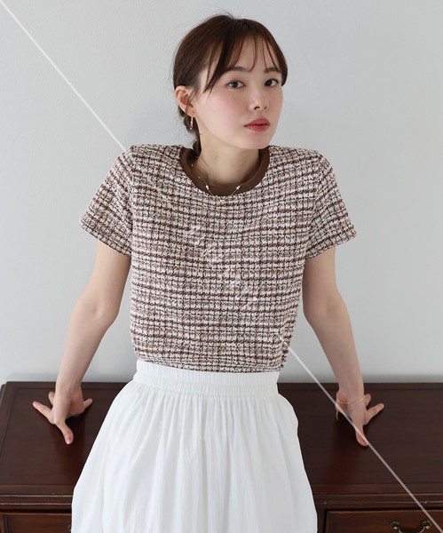【人気】【再入荷】《ツイードTシャツ》カットソー 　ツイード　トップス　レディース　SS