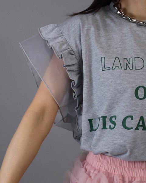 【2026年　新作】袖チュールフリル　ロゴTシャツ 　即納