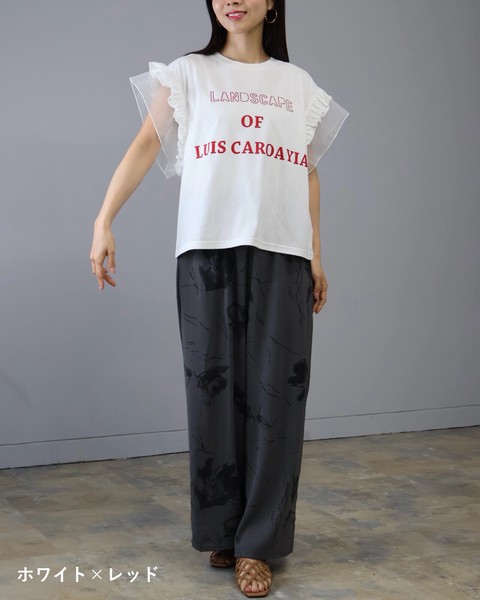 【2026年　新作】袖チュールフリル　ロゴTシャツ 　即納