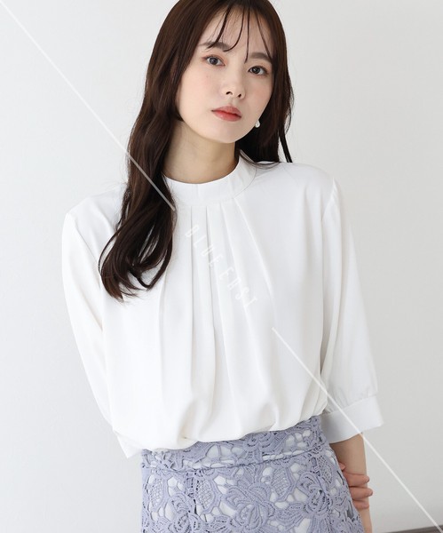 再入荷【ハイネックタックブラウス】新色登場　シャツ　トップス　半袖
