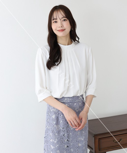 再入荷【ハイネックタックブラウス】新色登場　シャツ　トップス　半袖