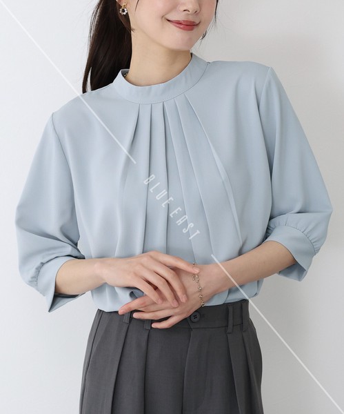 再入荷【ハイネックタックブラウス】新色登場　シャツ　トップス　半袖