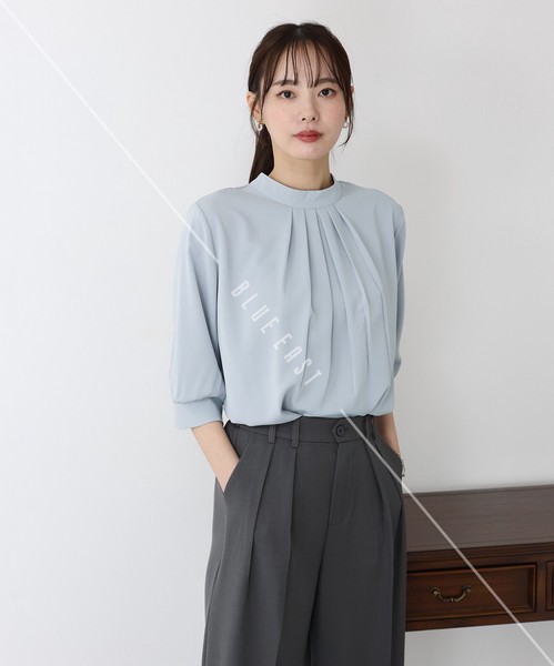 再入荷【ハイネックタックブラウス】新色登場　シャツ　トップス　半袖