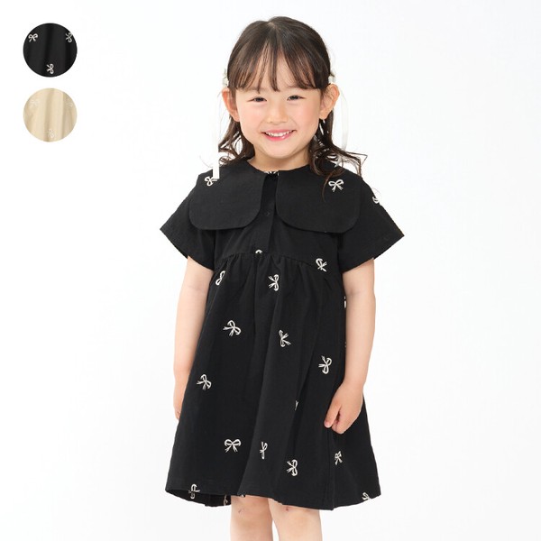 リボン柄刺繍半袖ワンピース  R46301  本体綿100％  大きな衿  切替ギャザー  可愛い  シンプル  お出かけ