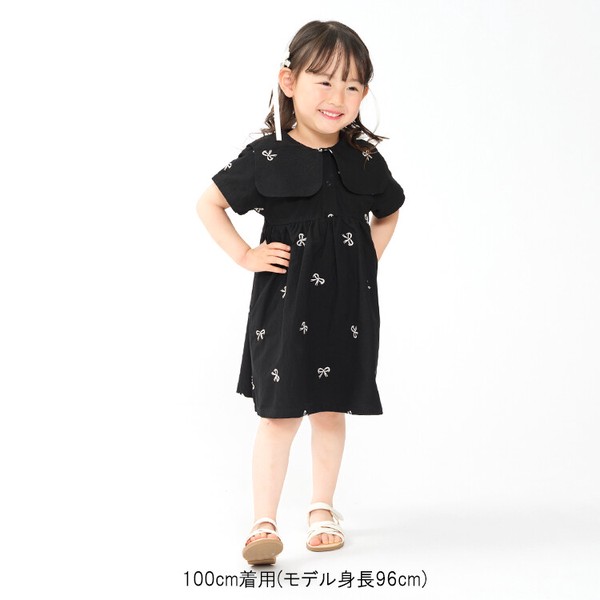 リボン柄刺繍半袖ワンピース  R46301  本体綿100％  大きな衿  切替ギャザー  可愛い  シンプル  お出かけ