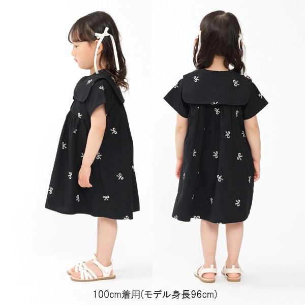 リボン柄刺繍半袖ワンピース  R46301  本体綿100％  大きな衿  切替ギャザー  可愛い  シンプル  お出かけ