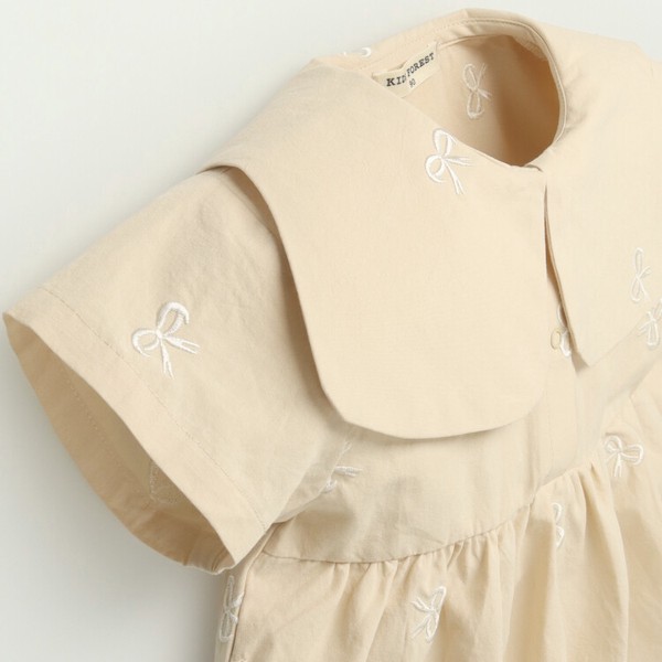 リボン柄刺繍半袖ワンピース  R46301  本体綿100％  大きな衿  切替ギャザー  可愛い  シンプル  お出かけ