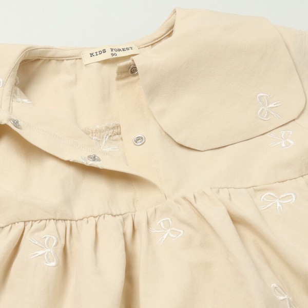 リボン柄刺繍半袖ワンピース  R46301  本体綿100％  大きな衿  切替ギャザー  可愛い  シンプル  お出かけ