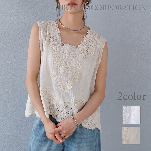 再入荷！【2026新作商品♪】シアーコットンレースフラワーモチーフノースリーブブラウス