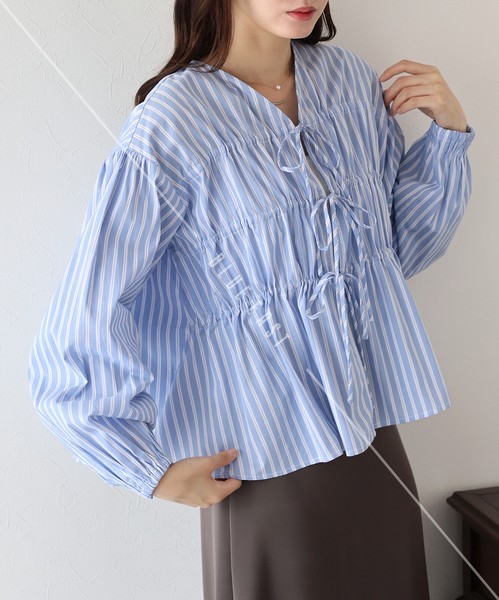 再入荷【ストライプリボンブラウス】トップス　ブラウス　ストライプ　リボン