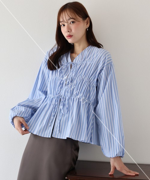再入荷【ストライプリボンブラウス】トップス　ブラウス　ストライプ　リボン