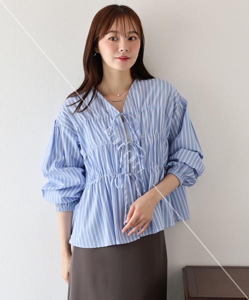 再入荷【ストライプリボンブラウス】トップス　ブラウス　ストライプ　リボン