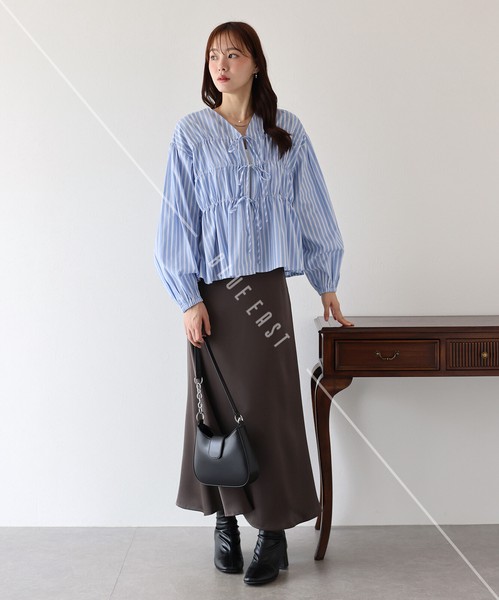 再入荷【ストライプリボンブラウス】トップス　ブラウス　ストライプ　リボン