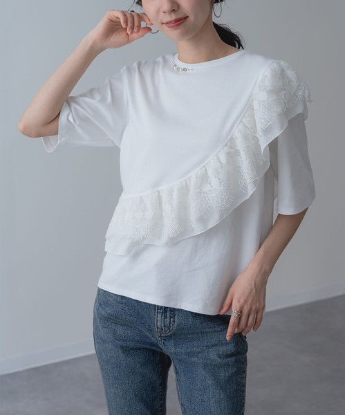 2026SS新作【ANNALUNA】ラッフルデザイン5分袖プルオーバー / セミシルケット Tシャツ