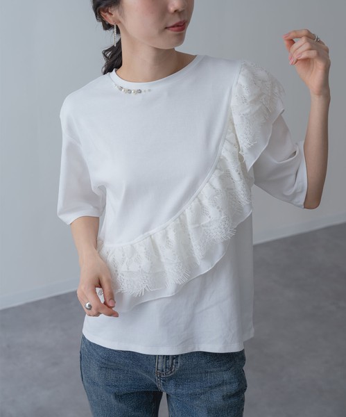 2026SS新作【ANNALUNA】ラッフルデザイン5分袖プルオーバー / セミシルケット Tシャツ