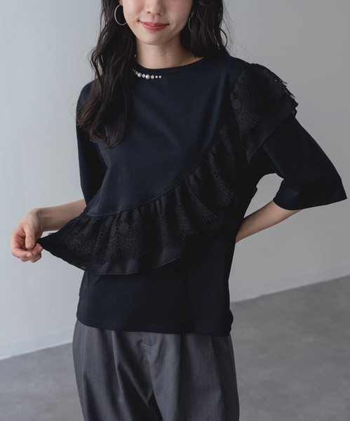 2026SS新作【ANNALUNA】ラッフルデザイン5分袖プルオーバー / セミシルケット Tシャツ