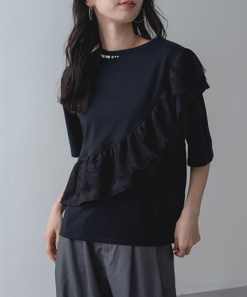 2026SS新作【ANNALUNA】ラッフルデザイン5分袖プルオーバー / セミシルケット Tシャツ