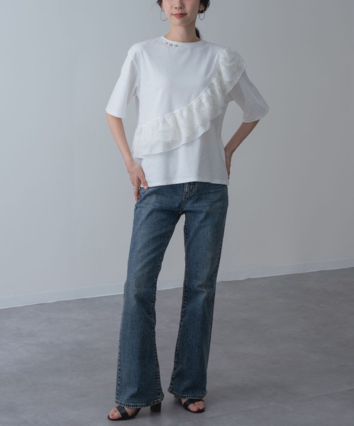 2026SS新作【ANNALUNA】ラッフルデザイン5分袖プルオーバー / セミシルケット Tシャツ
