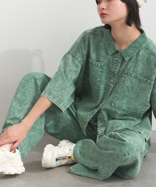5.5OZデニムケミカル加工　スリット フレア パンツ セットアップ可能【2026春夏新作】