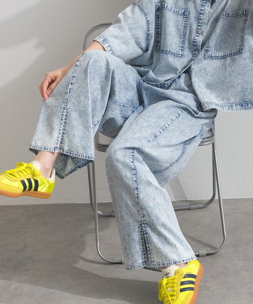 5.5OZデニムケミカル加工　スリット フレア パンツ セットアップ可能【2026春夏新作】