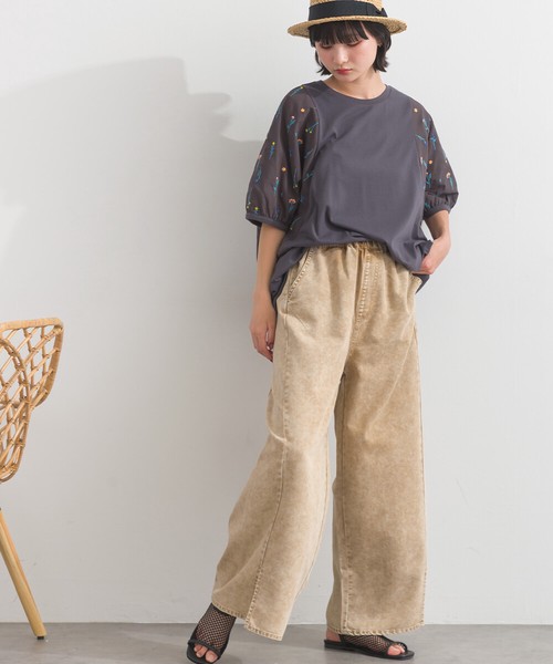 5.5OZデニムケミカル加工　スリット フレア パンツ セットアップ可能【2026春夏新作】