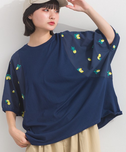 TC天竺 布帛切替 刺繍 ビッグサイズ Tシャツ レモン刺繍 ボタニカル刺繍【2026春夏新作】