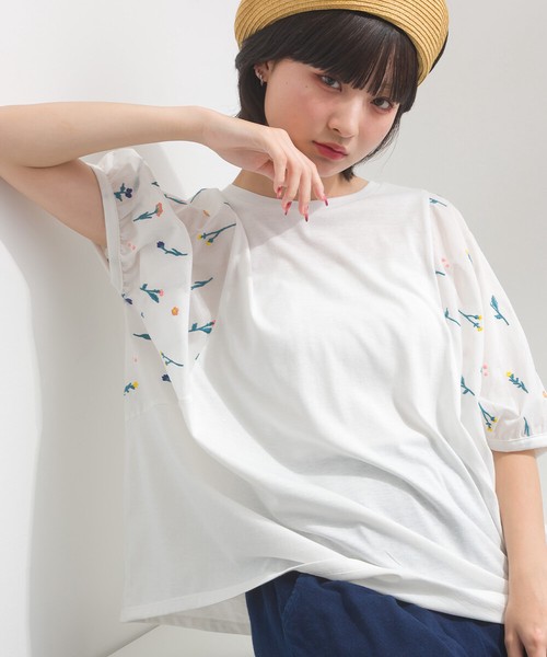 TC天竺 布帛切替 刺繍 ビッグサイズ Tシャツ レモン刺繍 ボタニカル刺繍【2026春夏新作】