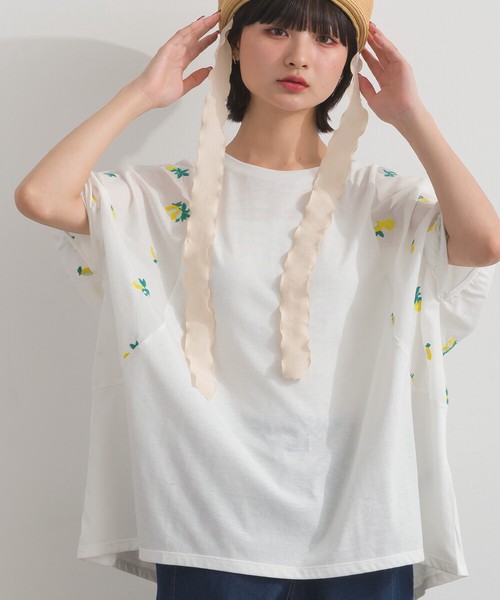 TC天竺 布帛切替 刺繍 ビッグサイズ Tシャツ レモン刺繍 ボタニカル刺繍【2026春夏新作】