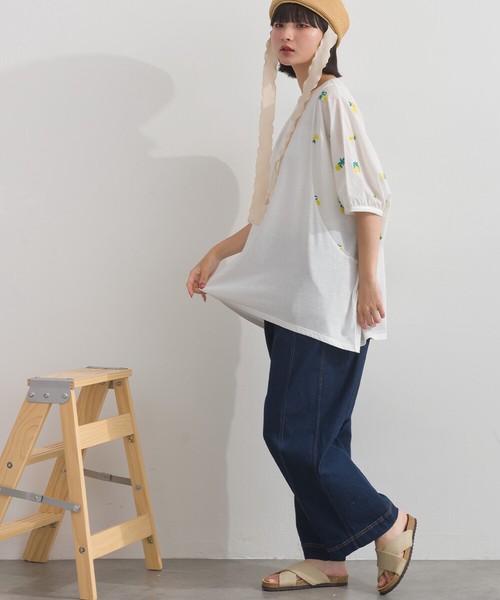 TC天竺 布帛切替 刺繍 ビッグサイズ Tシャツ レモン刺繍 ボタニカル刺繍【2026春夏新作】
