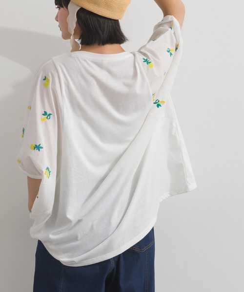 TC天竺 布帛切替 刺繍 ビッグサイズ Tシャツ レモン刺繍 ボタニカル刺繍【2026春夏新作】