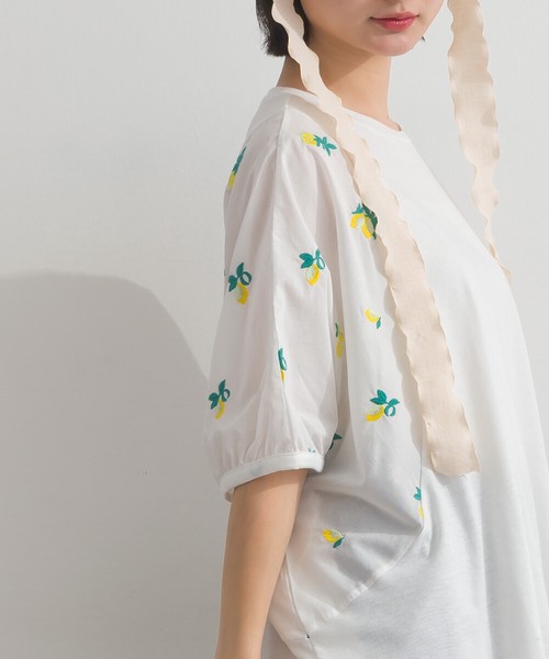 TC天竺 布帛切替 刺繍 ビッグサイズ Tシャツ レモン刺繍 ボタニカル刺繍【2026春夏新作】