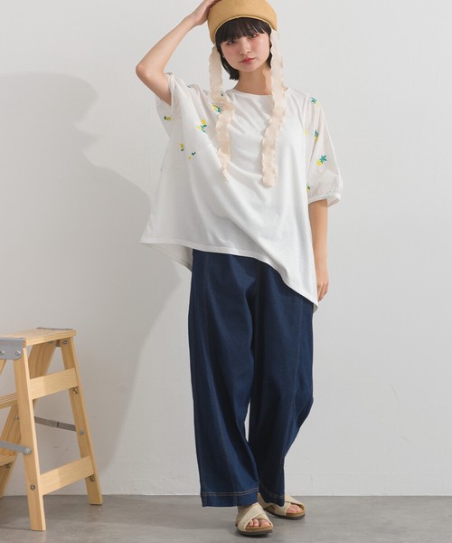 TC天竺 布帛切替 刺繍 ビッグサイズ Tシャツ レモン刺繍 ボタニカル刺繍【2026春夏新作】