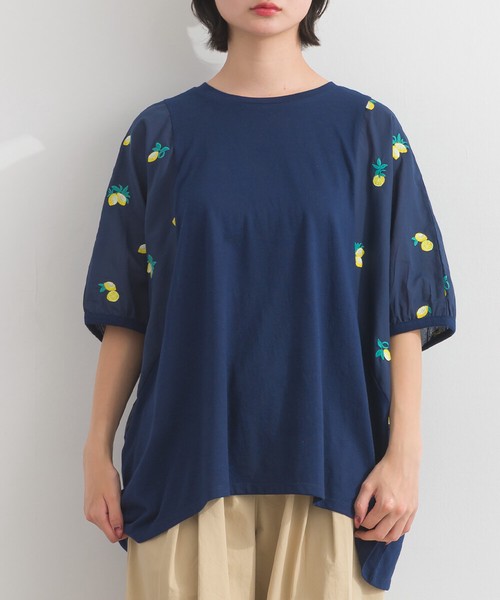 TC天竺 布帛切替 刺繍 ビッグサイズ Tシャツ レモン刺繍 ボタニカル刺繍【2026春夏新作】