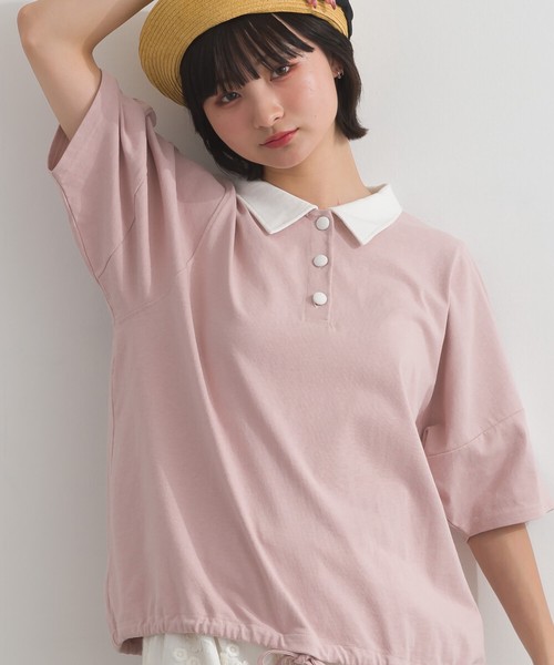 [SD限定] 16SOE天竺 バイカラー ポロ衿 くるみボタン 裾リボン Tシャツ【2026春夏新作】