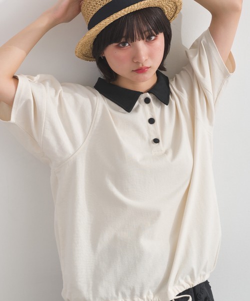 [SD限定] 16SOE天竺 バイカラー ポロ衿 くるみボタン 裾リボン Tシャツ【2026春夏新作】