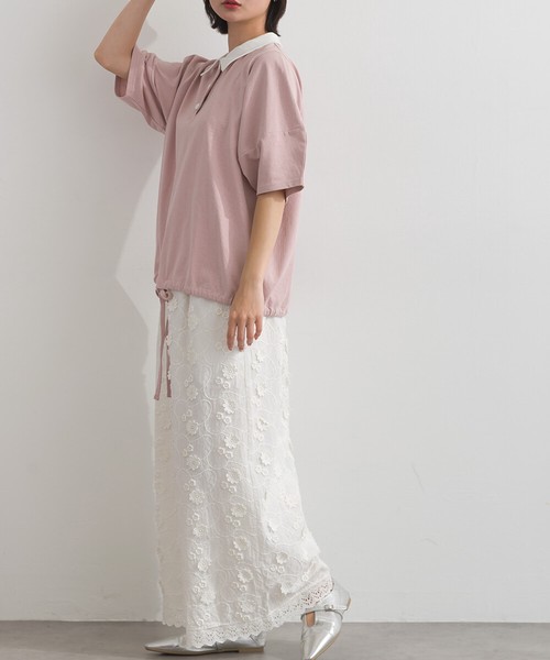 [SD限定] 16SOE天竺 バイカラー ポロ衿 くるみボタン 裾リボン Tシャツ【2026春夏新作】