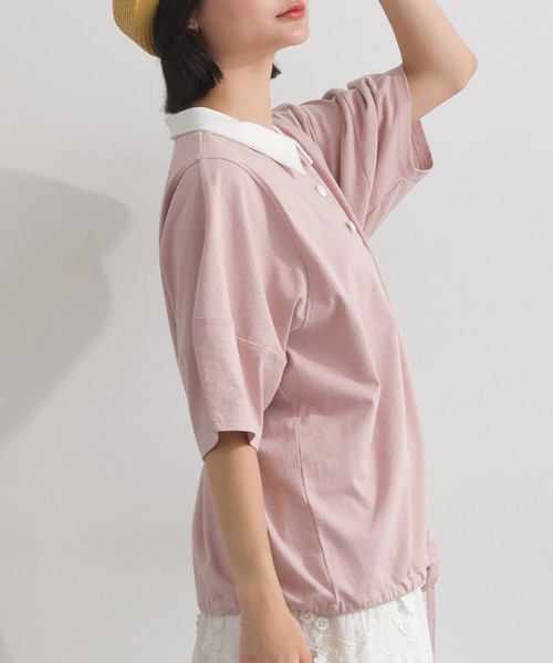 [SD限定] 16SOE天竺 バイカラー ポロ衿 くるみボタン 裾リボン Tシャツ【2026春夏新作】