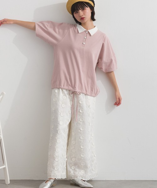 [SD限定] 16SOE天竺 バイカラー ポロ衿 くるみボタン 裾リボン Tシャツ【2026春夏新作】