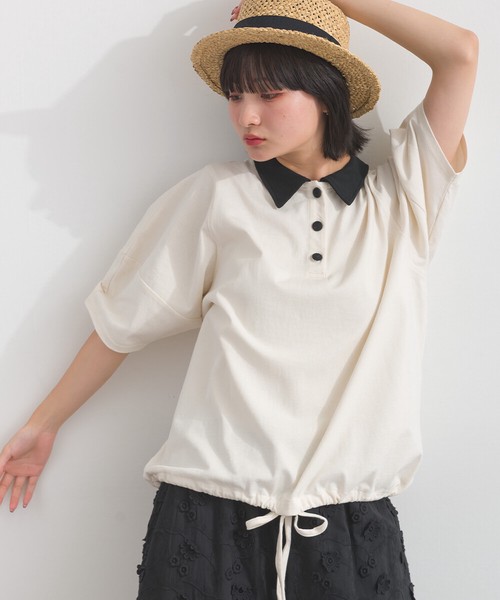 [SD限定] 16SOE天竺 バイカラー ポロ衿 くるみボタン 裾リボン Tシャツ【2026春夏新作】