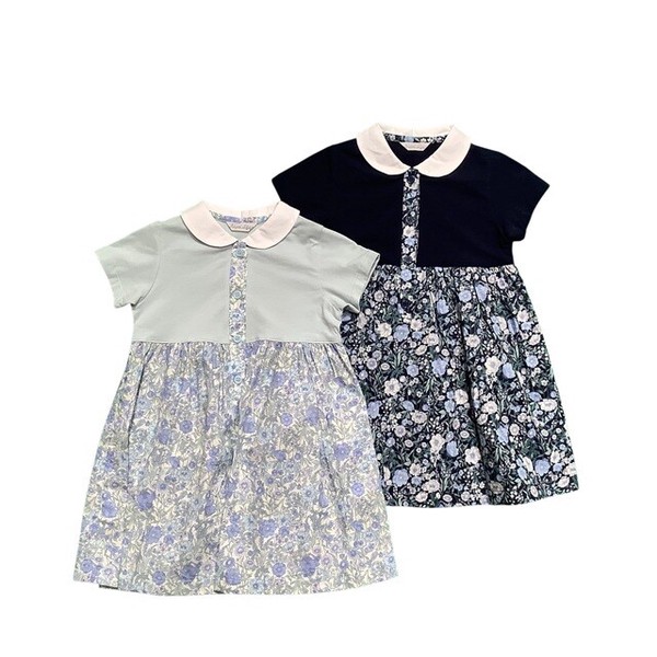 【日本製 子供服】白襟花柄切り替えワンピース 　 ［100〜140cm］