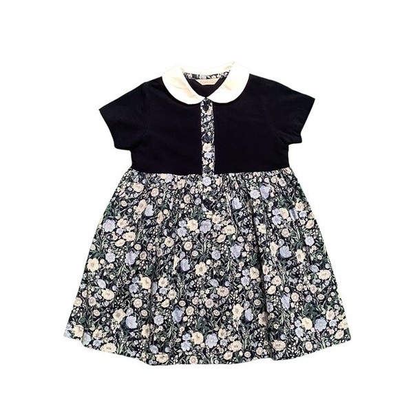 【日本製 子供服】白襟花柄切り替えワンピース 　 ［100〜140cm］